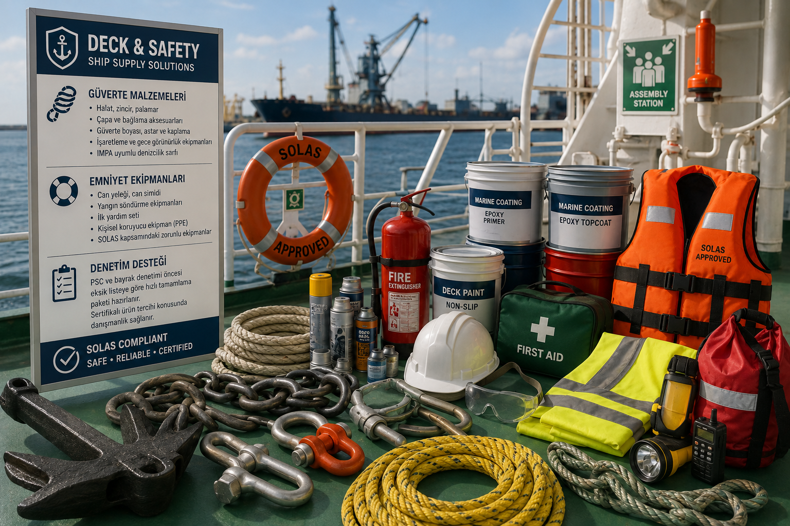 Deck safety equipment on a ship — SOLAS lifejackets, immersion suits and fire-fighting outfits