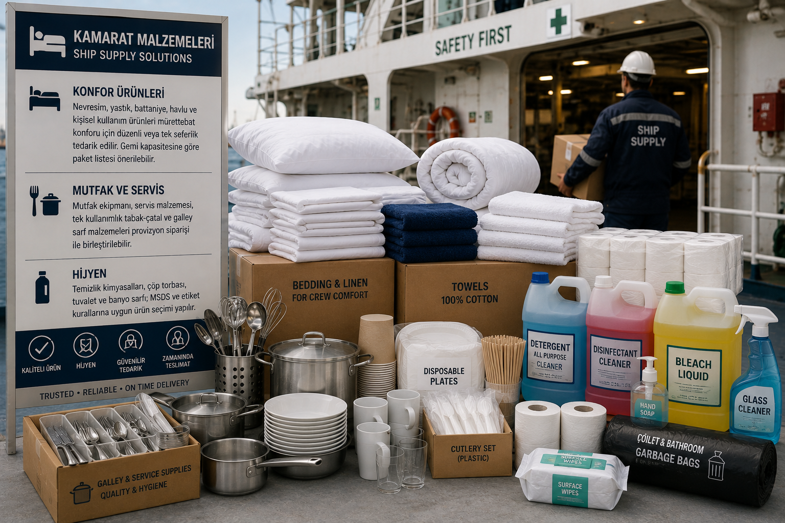 Cabin supplies and stateroom stores — bedding, linen, towels and hygiene items for ship crew