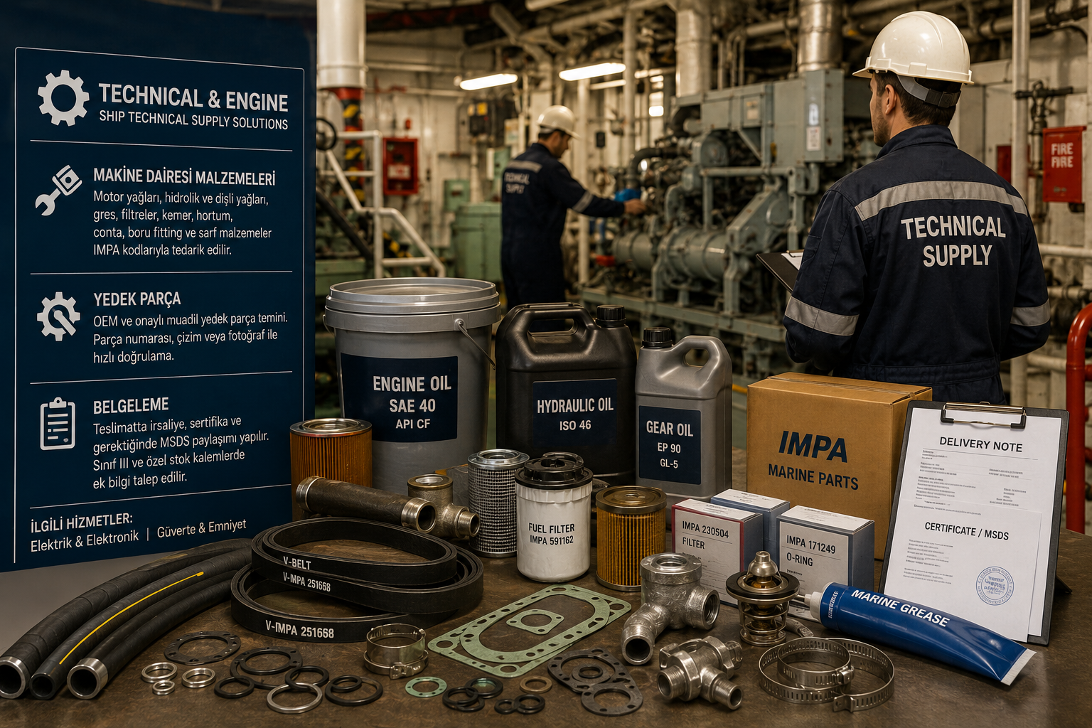 Technical engine room supplies — spare parts, pumps, filters and workshop tools for ships